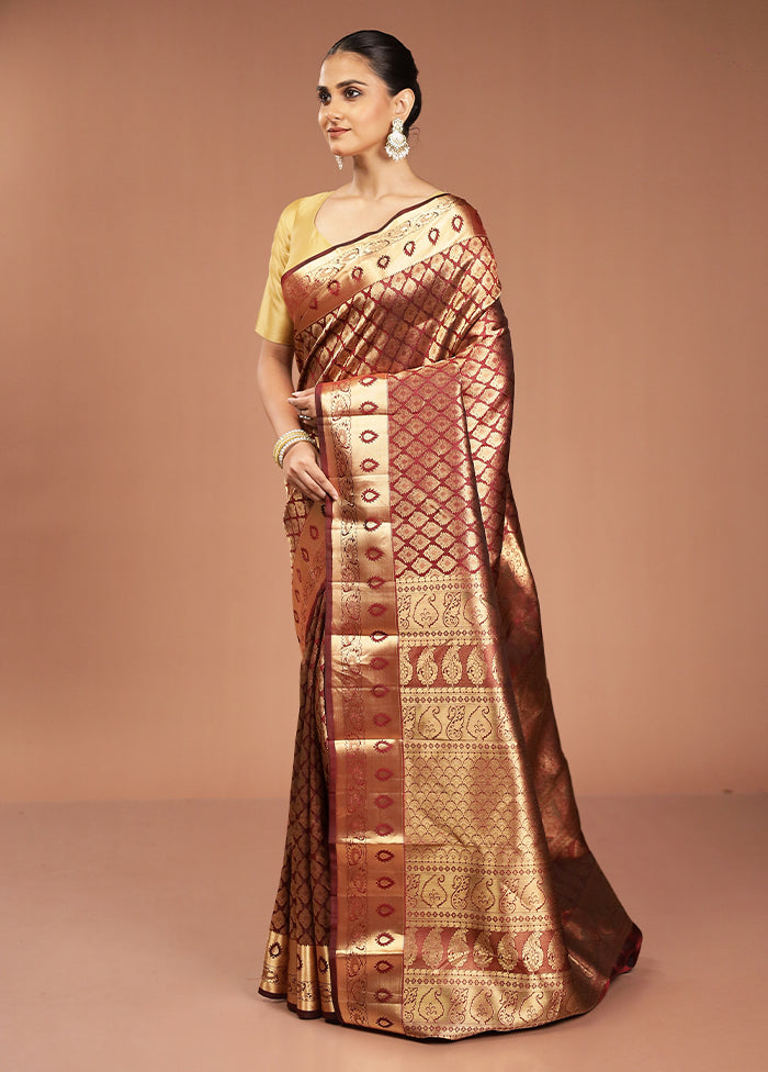 Maroon Handloom Kanjivaram Pure Silk Saree With Blouse Piece