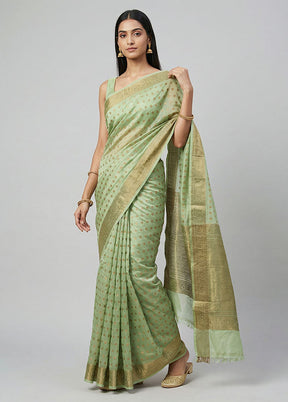 Green Handloom Dupion Silk Saree With Blouse Piece