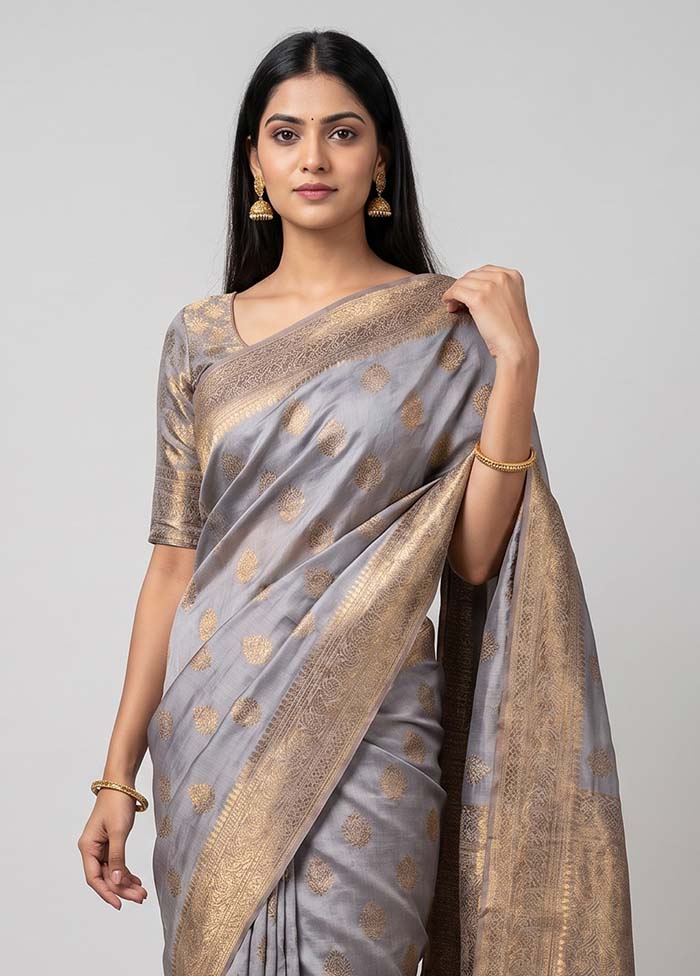 Grey Handloom Dupion Silk Saree With Blouse Piece