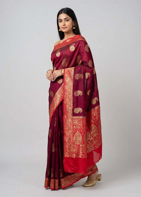 Maroon Handloom Dupion Pure Silk Saree With Blouse Piece