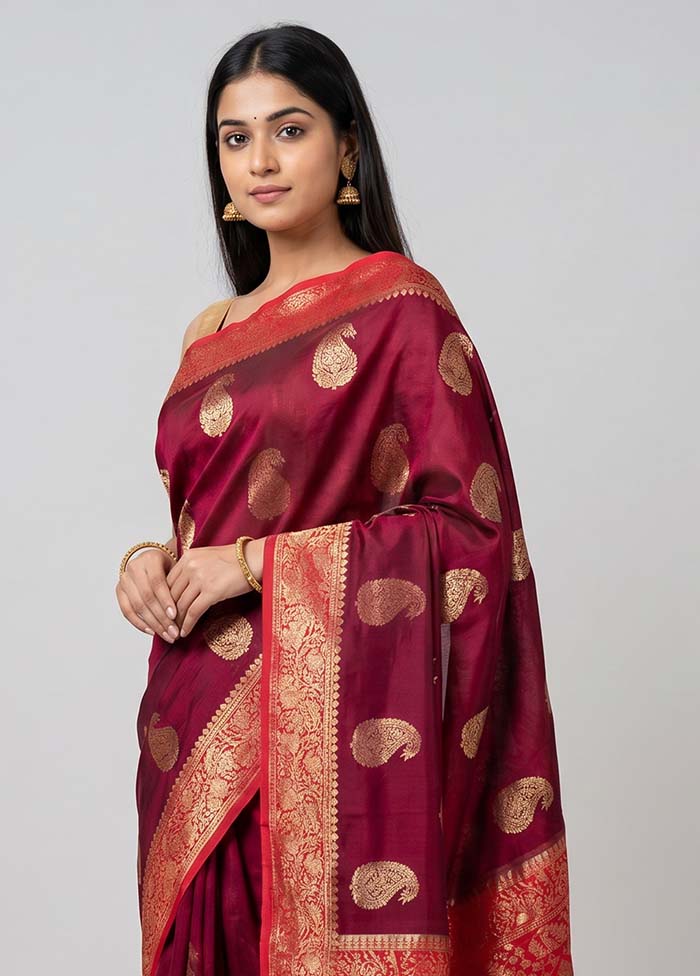 Maroon Handloom Dupion Pure Silk Saree With Blouse Piece