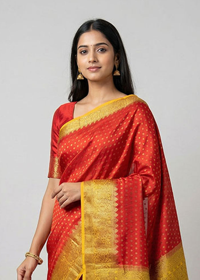 Red Handloom Dupion Pure Silk Saree With Blouse Piece