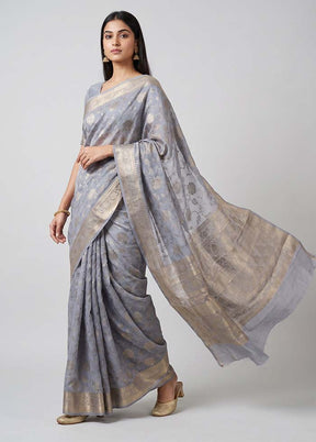 Grey Handloom Dupion Pure Silk Saree With Blouse Piece