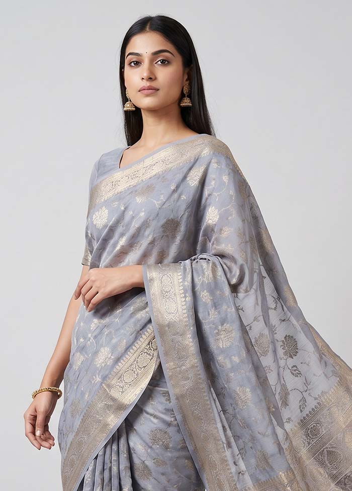 Grey Handloom Dupion Pure Silk Saree With Blouse Piece