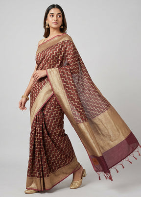 Maroon Kora Silk Saree With Blouse Piece