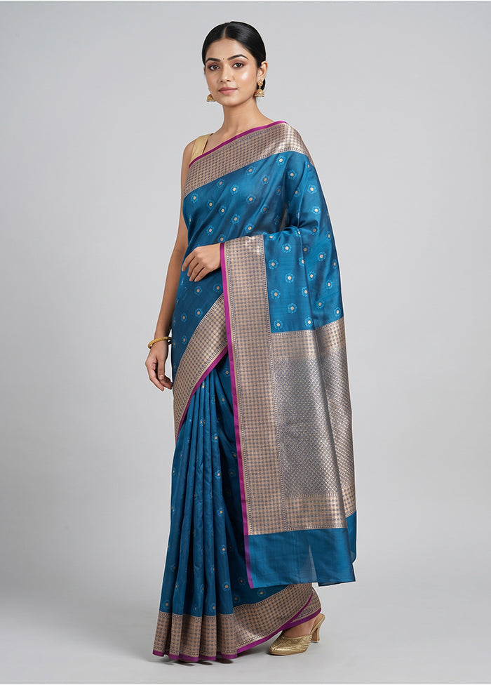 Blue Katan Silk Saree With Blouse Piece