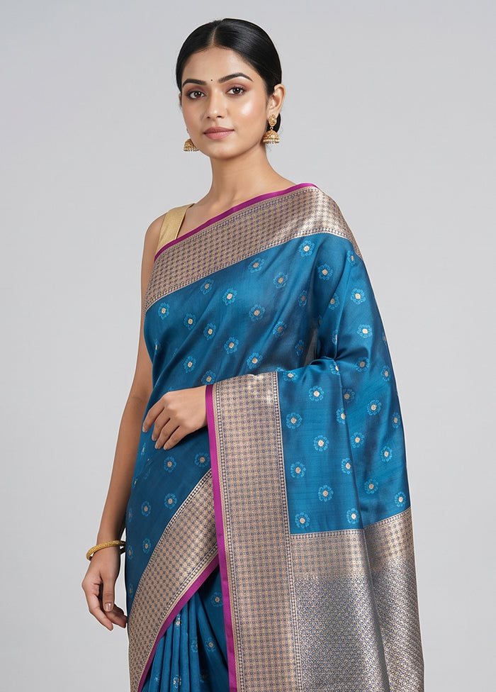 Blue Katan Silk Saree With Blouse Piece