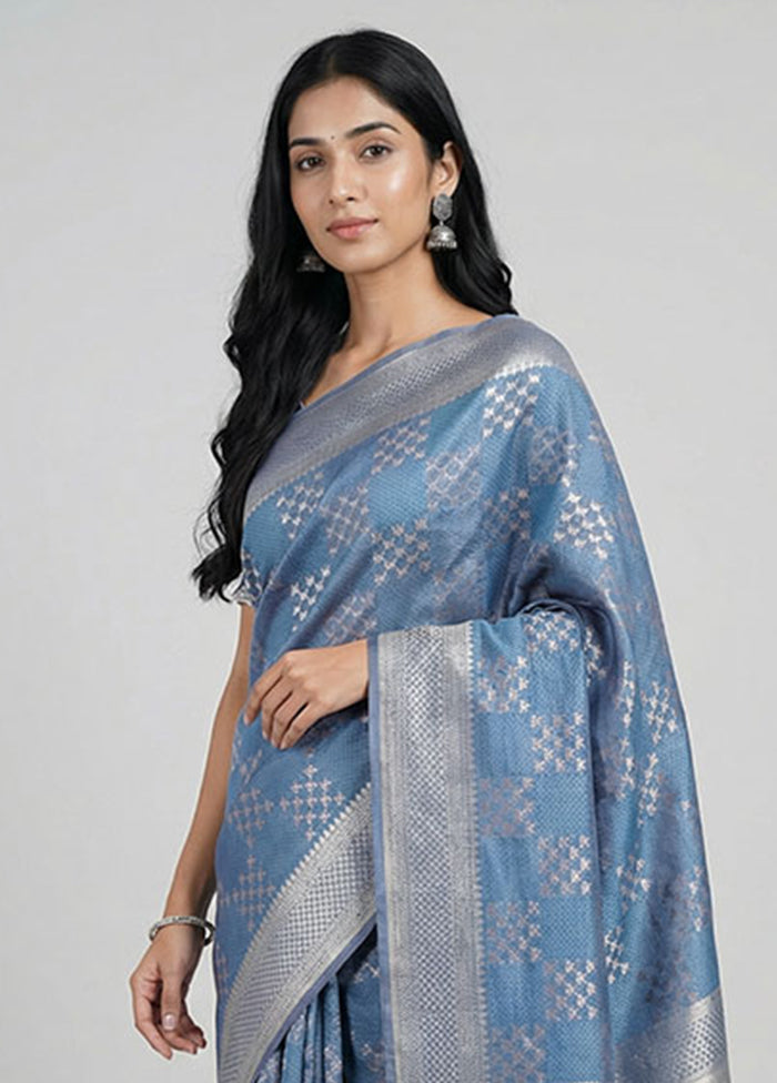 Blue Kora Silk Saree With Blouse Piece