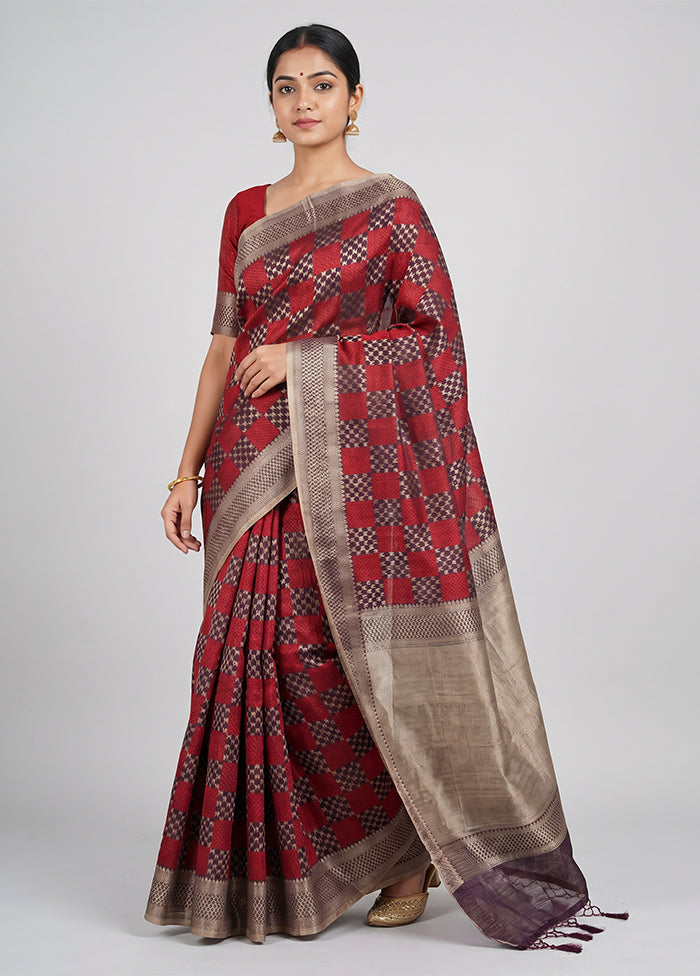 Maroon Kora Silk Saree With Blouse Piece