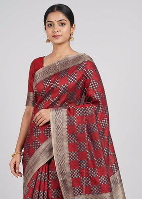 Maroon Kora Silk Saree With Blouse Piece