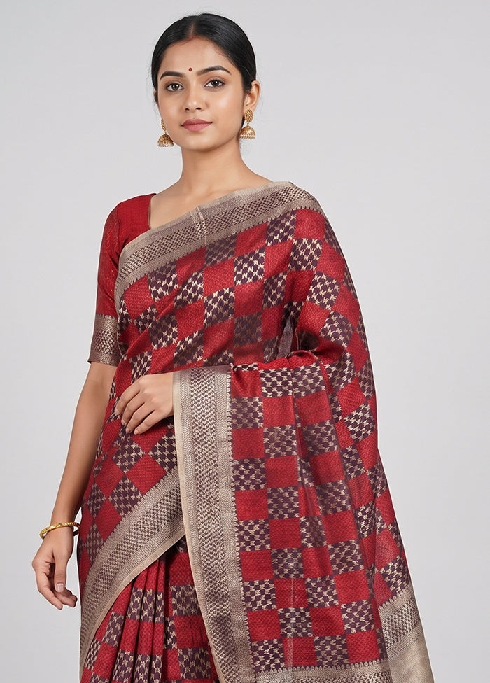 Maroon Kora Silk Saree With Blouse Piece