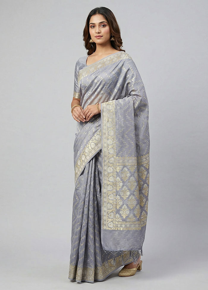 Grey Kora Silk Saree With Blouse Piece