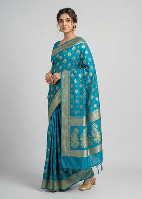 Blue Kora Silk Saree With Blouse Piece