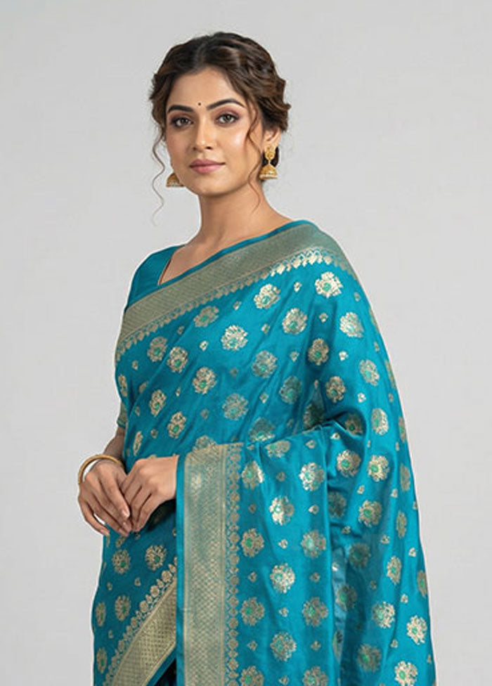 Blue Kora Silk Saree With Blouse Piece