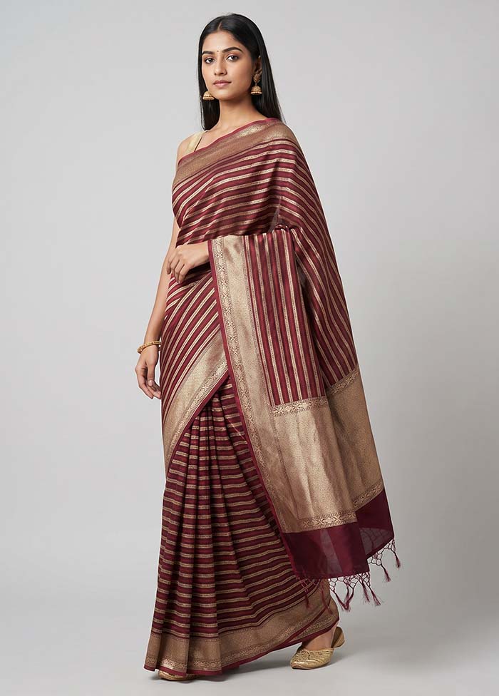 Maroon Kora Silk Saree With Blouse Piece