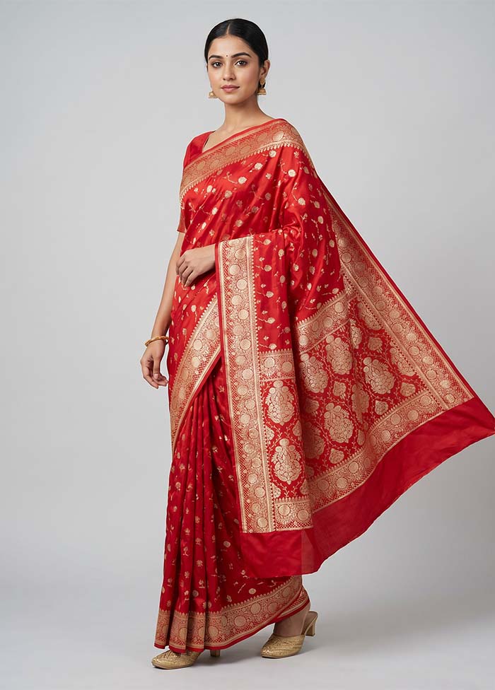 Red Banarasi Silk Saree With Blouse Piece