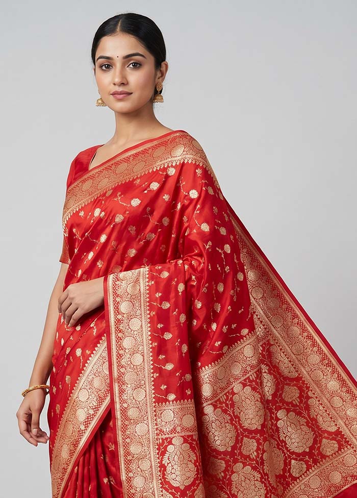 Red Banarasi Silk Saree With Blouse Piece