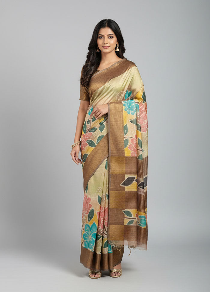 Multicolor Handloom Tussar Pure Silk Saree With Blouse Piece