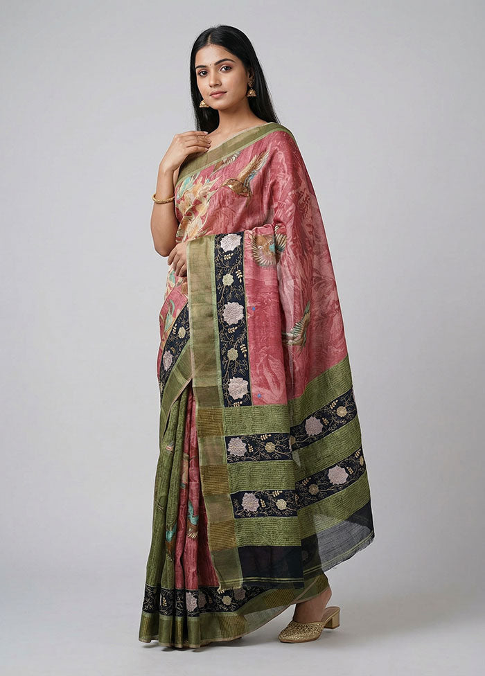 Multicolor Handloom Tussar Pure Silk Saree With Blouse Piece