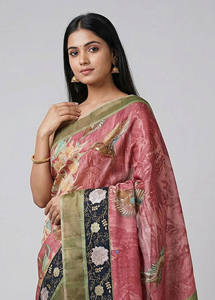 Multicolor Handloom Tussar Pure Silk Saree With Blouse Piece