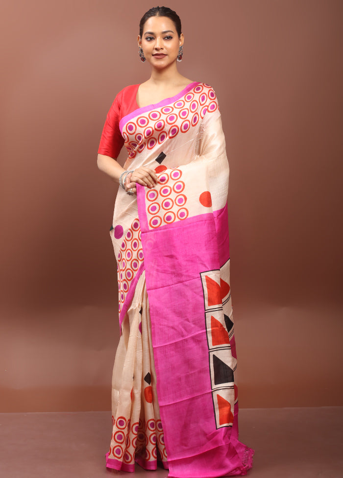 Cream Printed Pure Silk Saree Without Blouse Piece