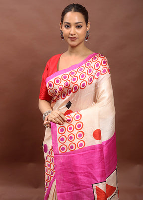 Cream Printed Pure Silk Saree Without Blouse Piece
