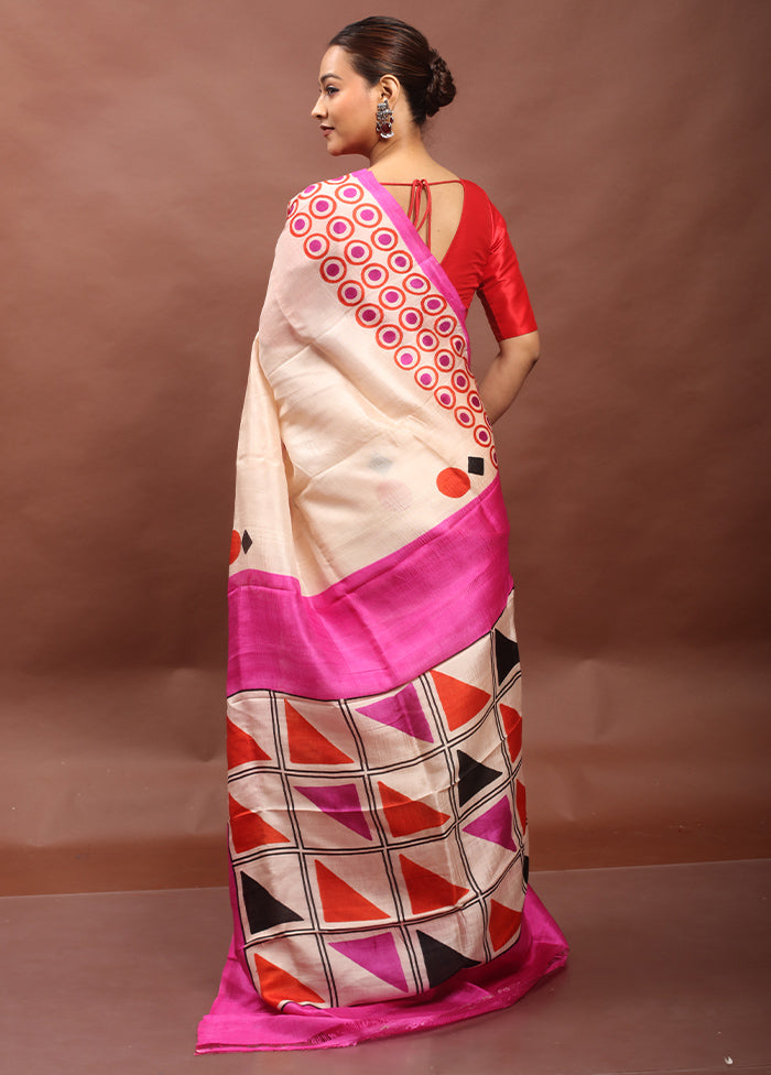 Cream Printed Pure Silk Saree Without Blouse Piece