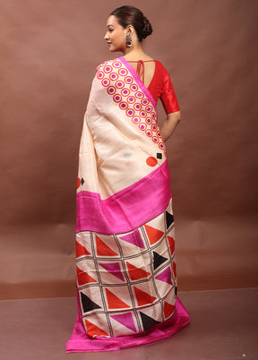 Cream Printed Pure Silk Saree Without Blouse Piece