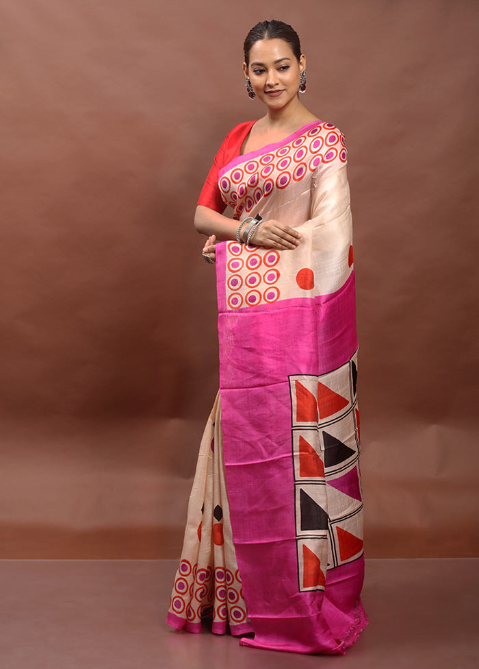 Cream Printed Pure Silk Saree Without Blouse Piece