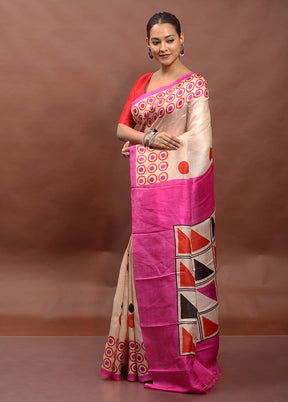Cream Printed Pure Silk Saree Without Blouse Piece