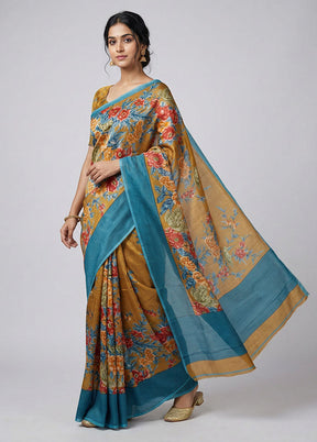 Blue Printed Silk Saree Without Blouse Piece