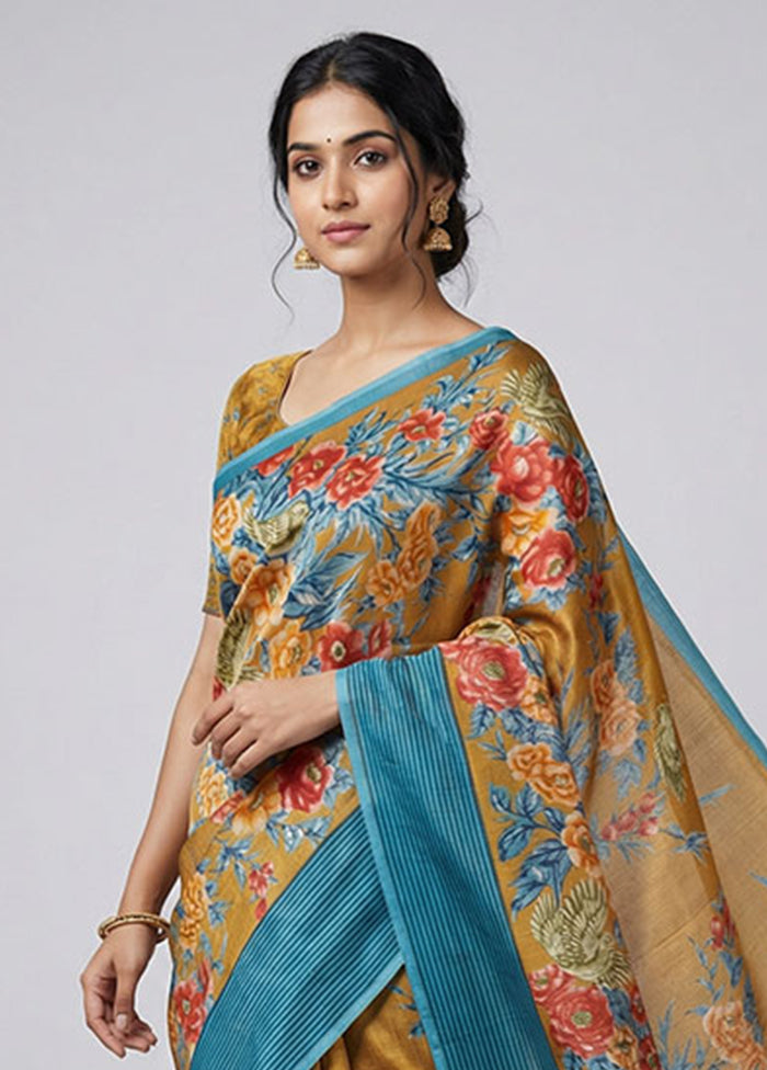 Blue Printed Silk Saree Without Blouse Piece