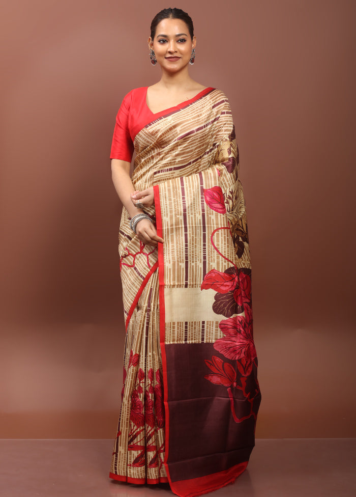 Cream Printed Pure Silk Saree Without Blouse Piece
