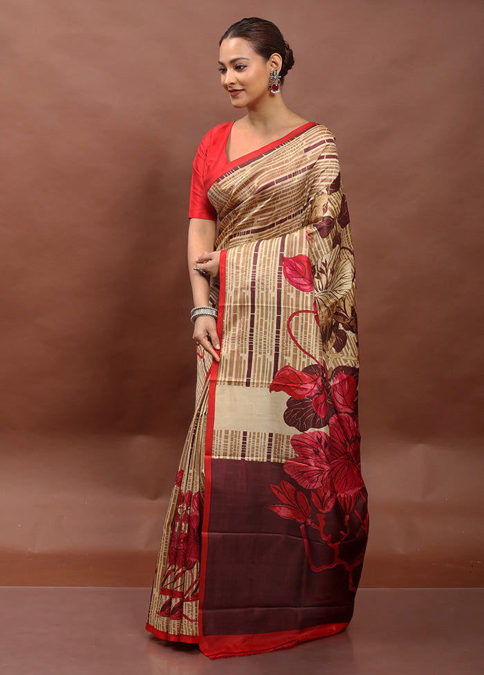 Cream Printed Pure Silk Saree Without Blouse Piece