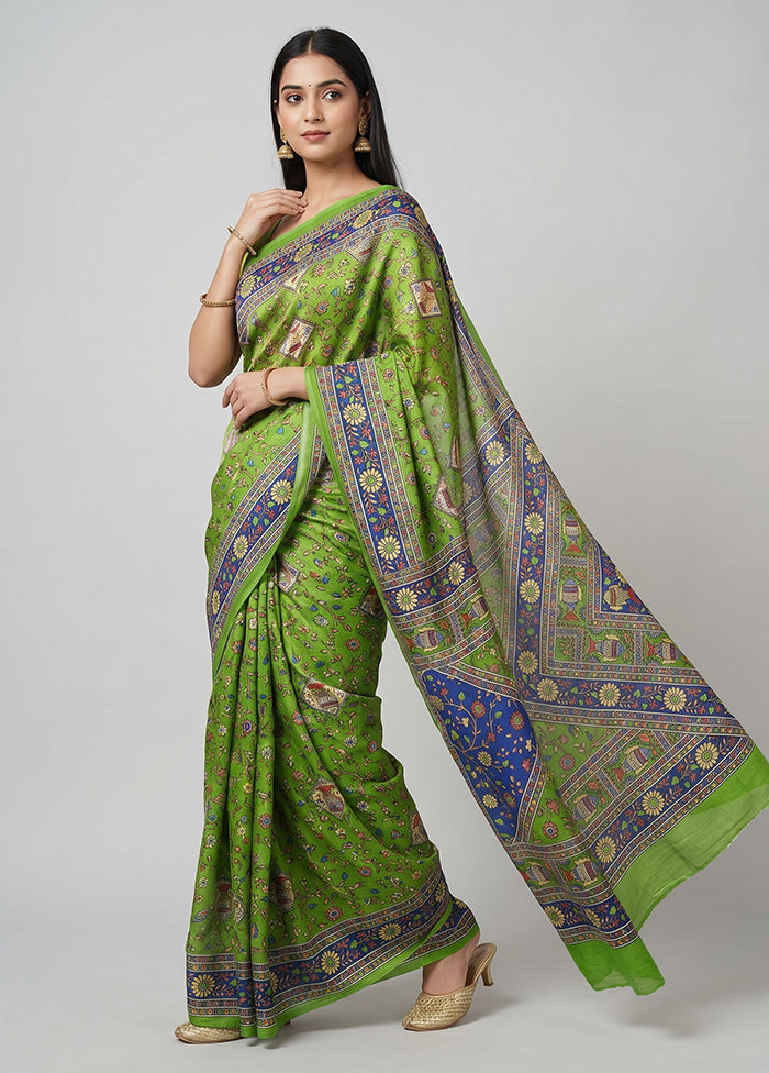 Green Printed Silk Saree Without Blouse Piece