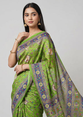 Green Printed Silk Saree Without Blouse Piece