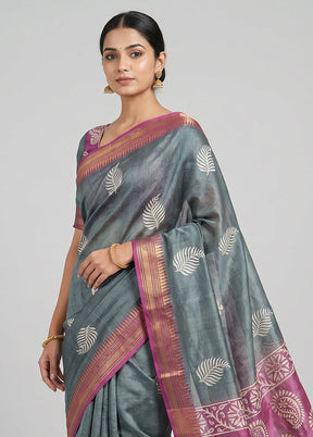 Grey Tussar Silk Saree With Blouse Piece