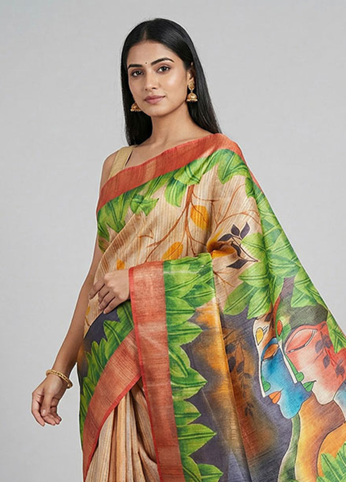 Multicolor Handloom Tussar Pure Silk Saree With Blouse Piece