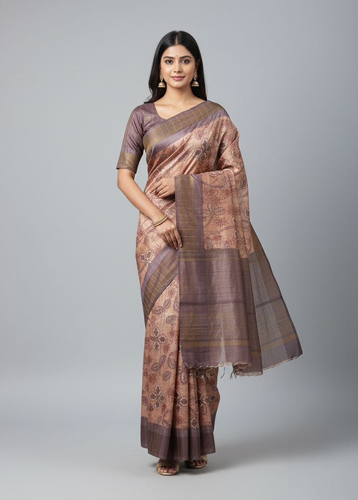 Pink Handloom Tussar Pure Silk Saree With Blouse Piece