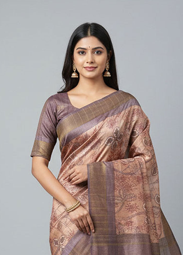 Pink Handloom Tussar Pure Silk Saree With Blouse Piece