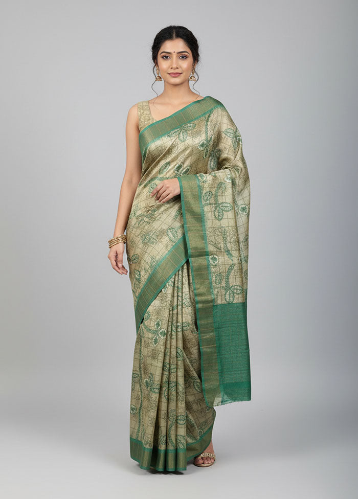 Green Handloom Tussar Pure Silk Saree With Blouse Piece
