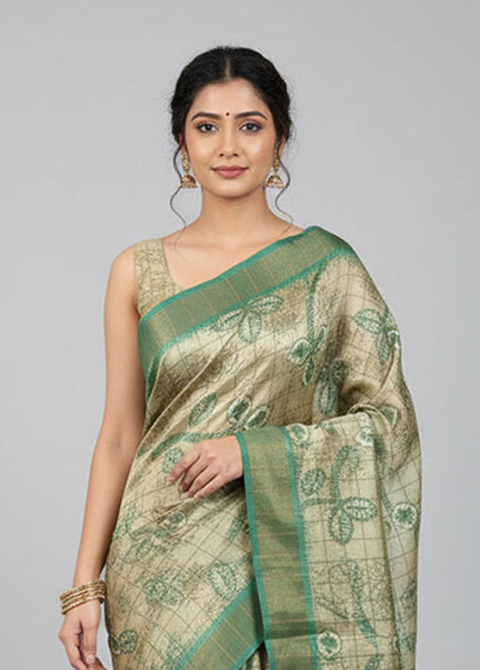 Green Handloom Tussar Pure Silk Saree With Blouse Piece