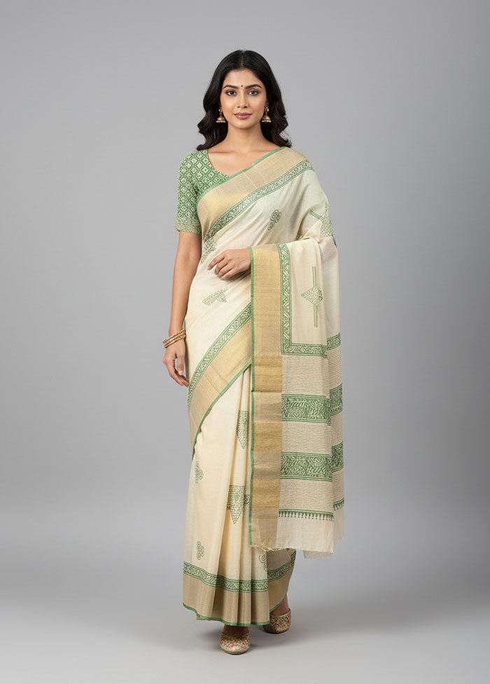 Cream Tussar Silk Saree With Blouse Piece