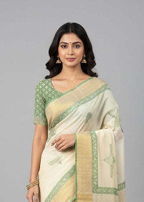 Cream Tussar Silk Saree With Blouse Piece