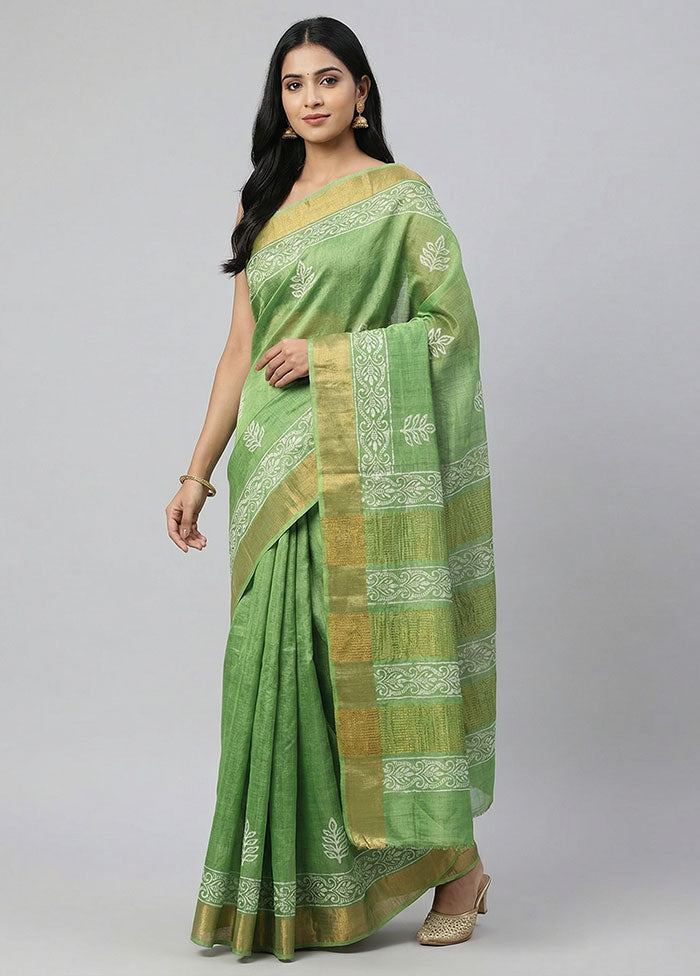 Green Tussar Silk Saree With Blouse Piece