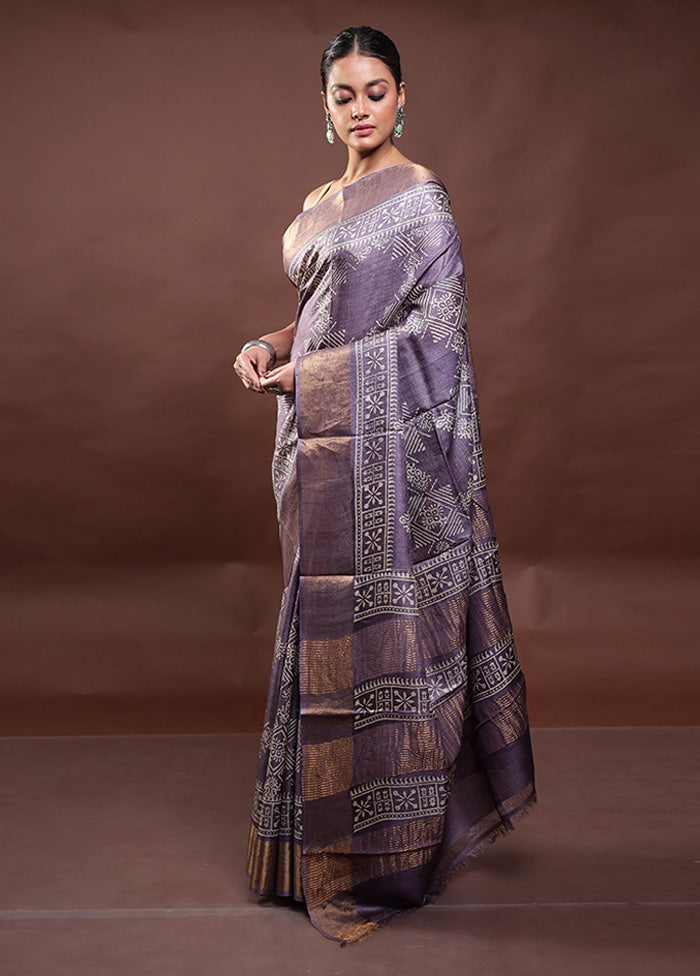 Grey Tussar Silk Saree With Blouse Piece