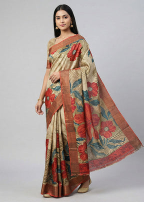 Cream Handloom Tussar Silk Saree With Blouse Piece
