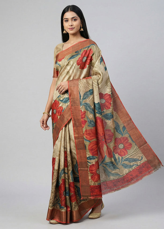 Cream Handloom Tussar Silk Saree With Blouse Piece