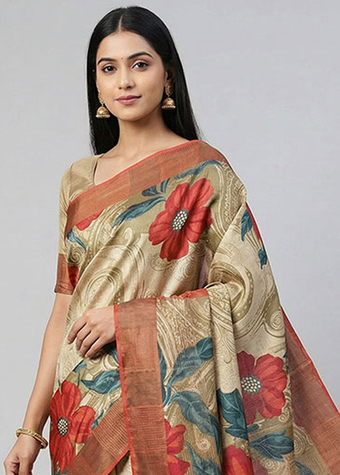 Cream Handloom Tussar Silk Saree With Blouse Piece