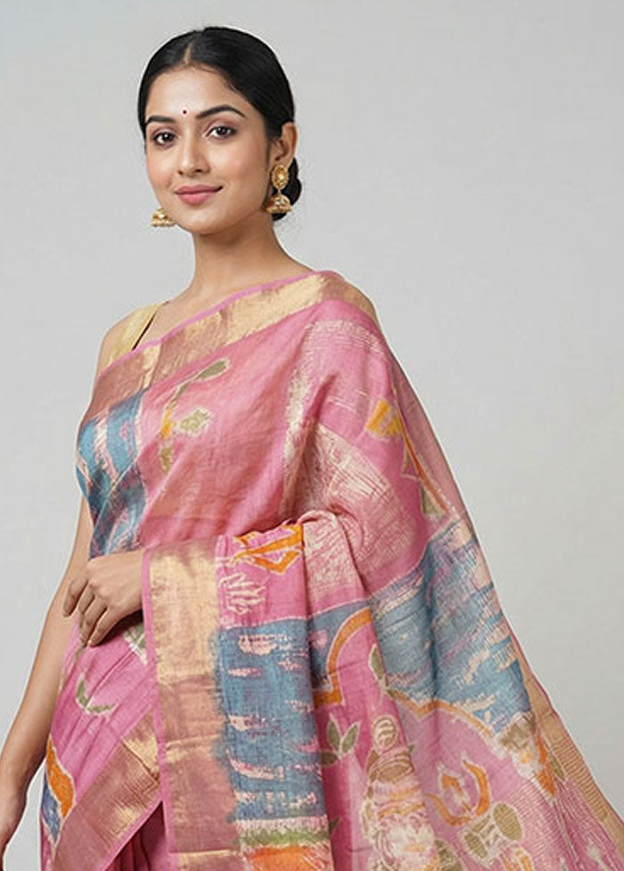 Pink Handloom Tussar Silk Saree With Blouse Piece